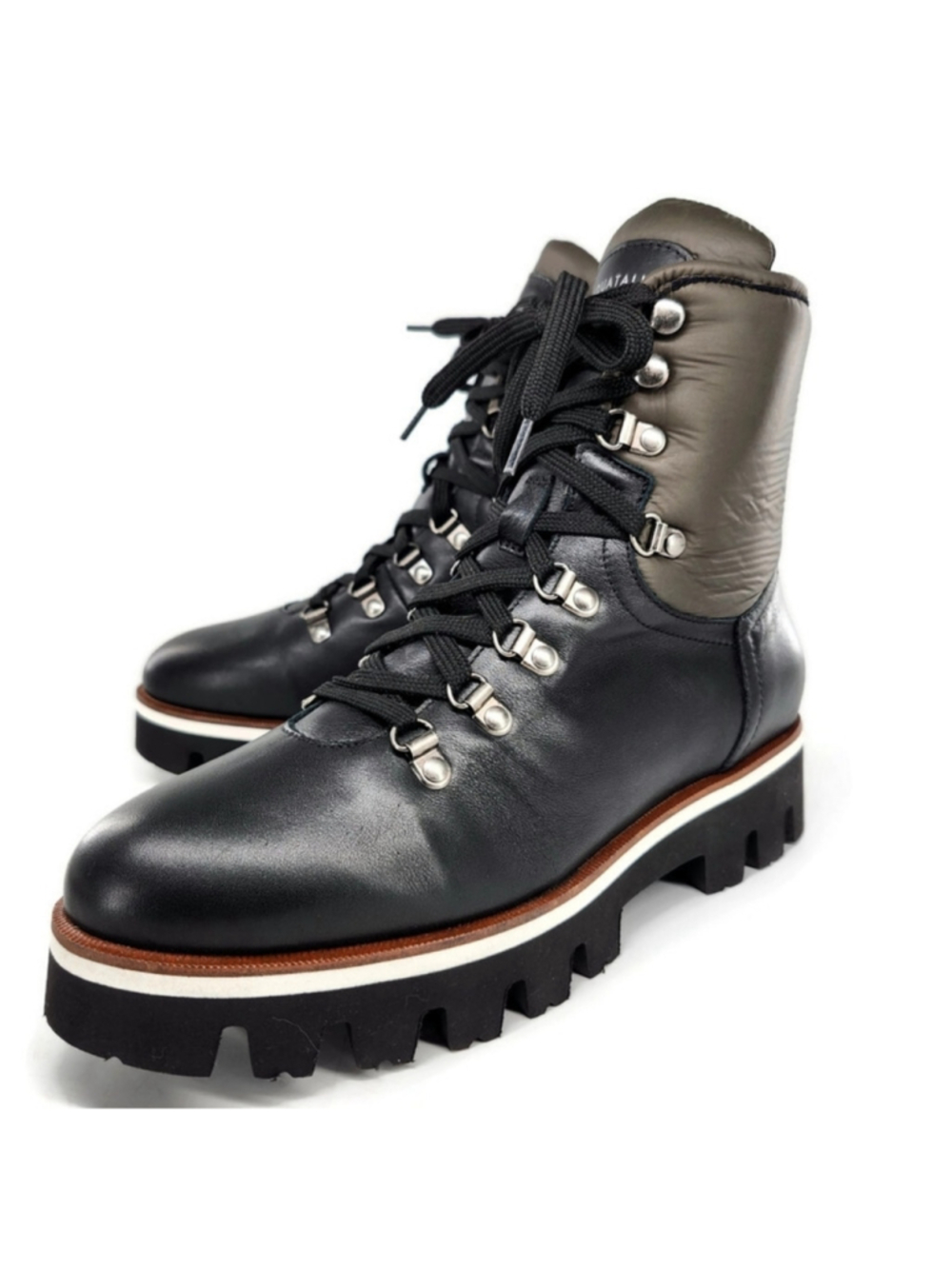 Aquatailia Morena Black & Olive Colorblock Leather Lace-Up Lug Sole Combat Boots